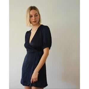NWT Aritzia Wilfred Free Lune classy navy blue satin puff sleeve wrap dress XXS